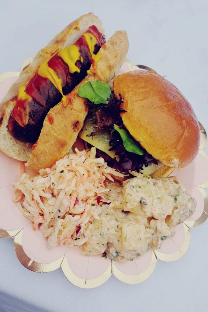 plate with a burger and hot dog
